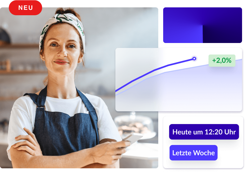 Eine Restaurantmitarbeiterin hält ein Handy in der Hand und schaut in die Kamera. Auf der rechten Seite Anzeigen, wie sie in Lightspeed Pulse zu sehen sind.