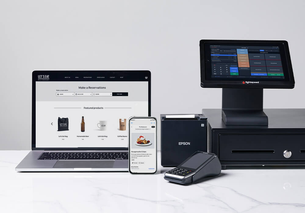 Lightspeed Kassensystem Technologie-Sammlung: Laptop, iPhone, Drucker, Kartenleser, iPad Kassensystem auf Ständer